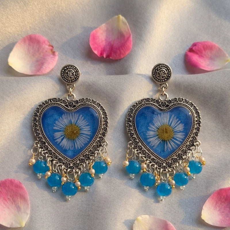 Blue Daisy Heart Resin Earrings for women | Kishori anti-tarnish ring