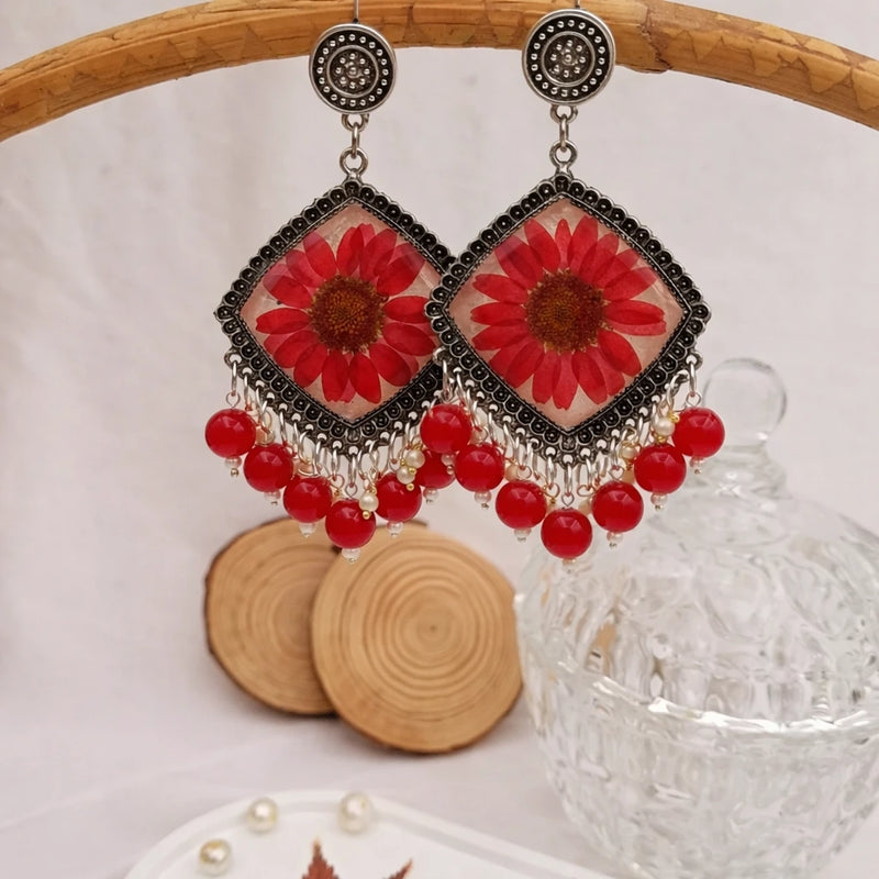 Crimson Bloom Square Resin Jhumkas for women | Kishori anti-tarnish jhumka earrings