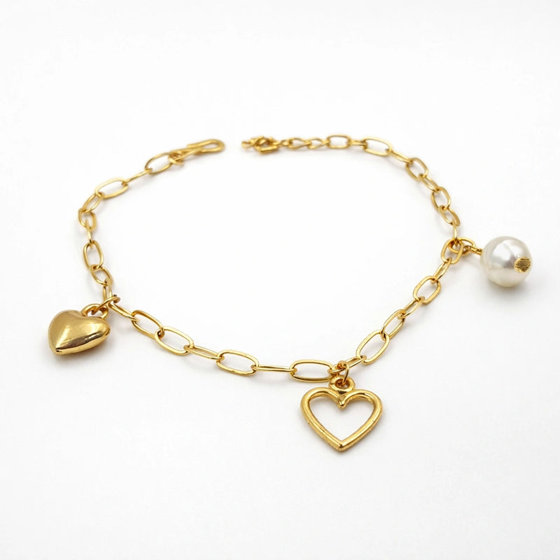 Golden Heart Pearl Charm Bracelet for women | Kishori anti-tarnish bracelet