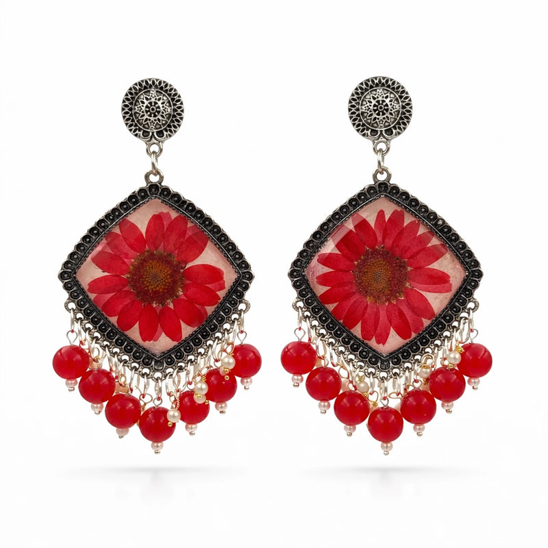 Crimson Bloom Square Resin Jhumkas for women | Kishori anti-tarnish jhumka earrings