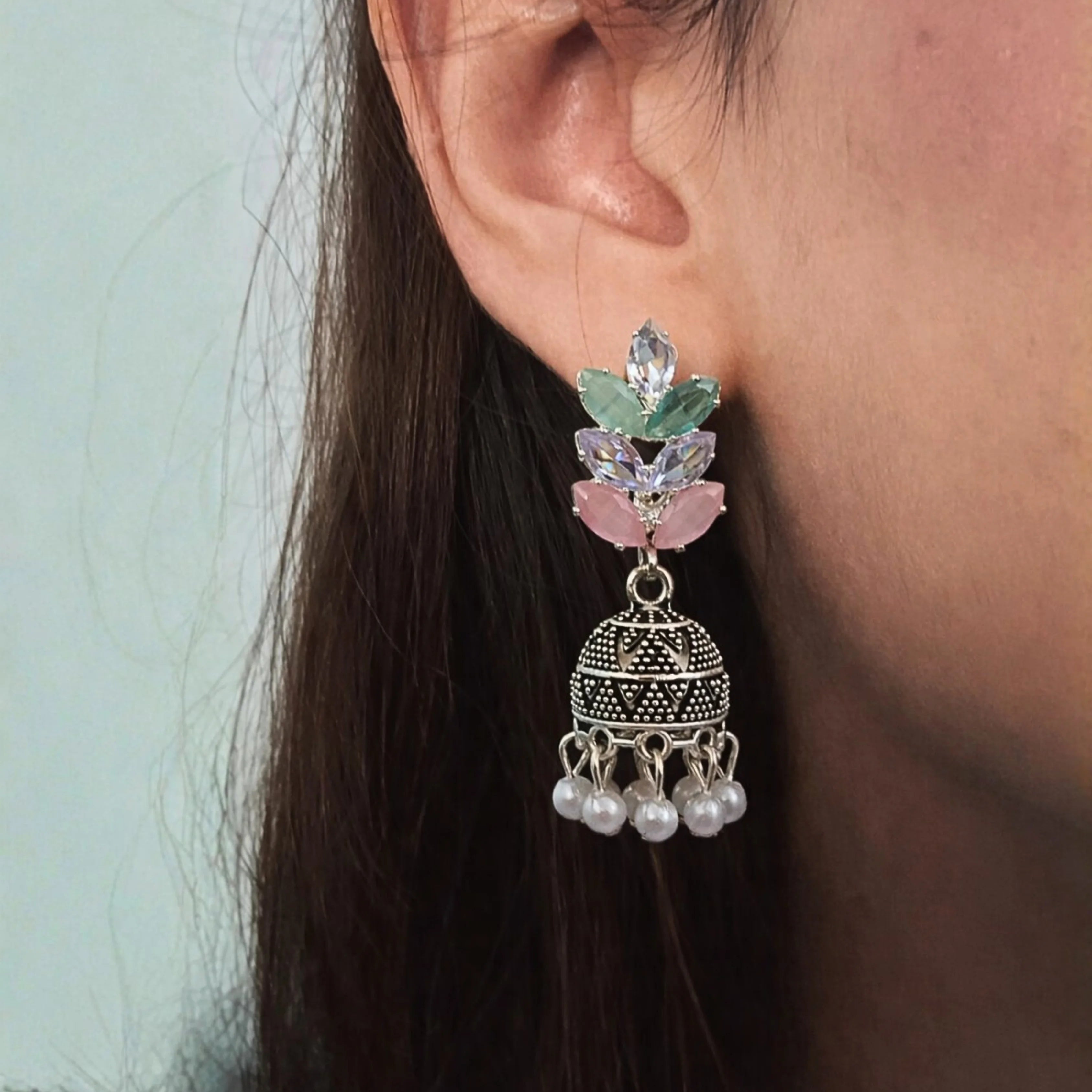 pastel-colored Jhumki earrings