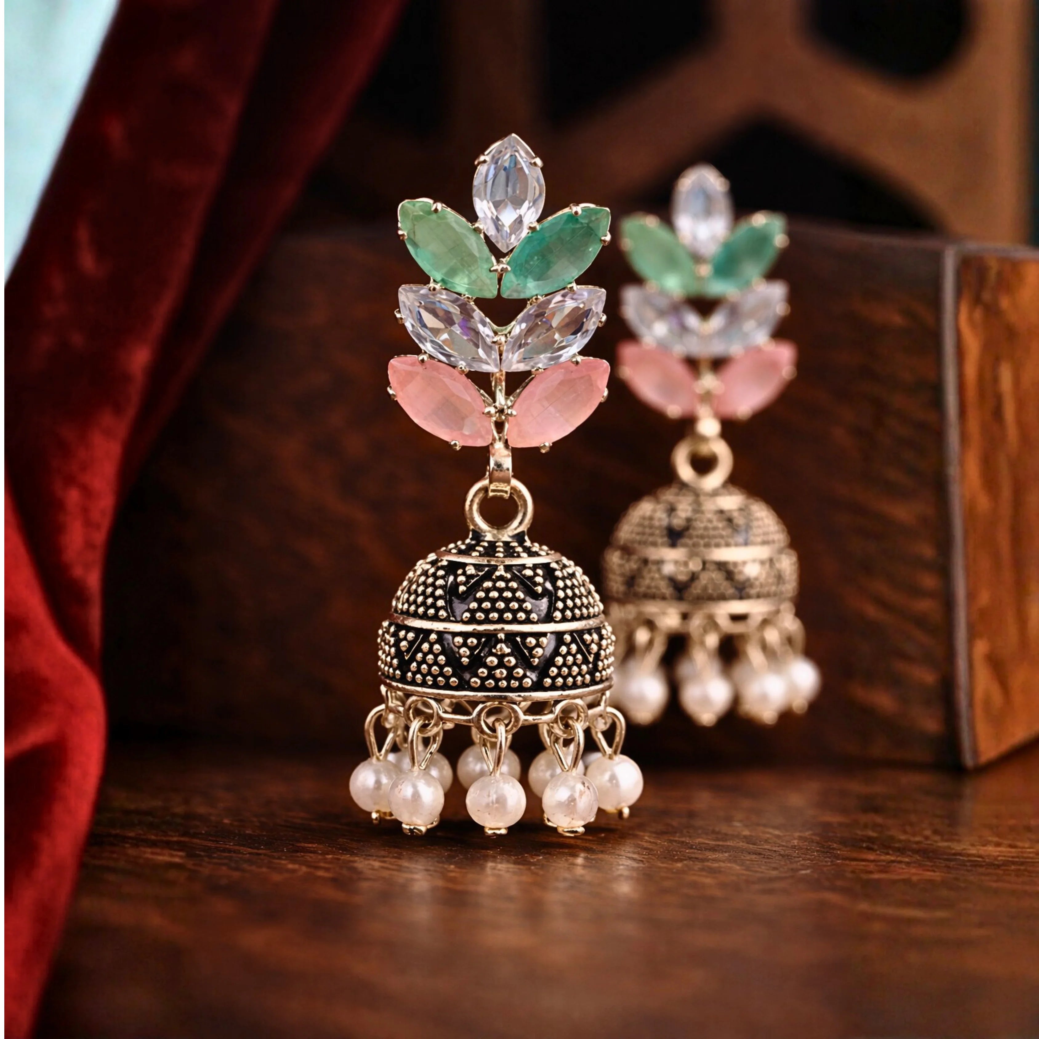 pastel-colored Jhumki earrings
