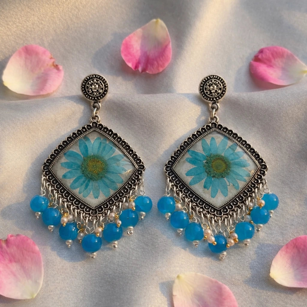 Aqua Bloom Square Resin Jhumkas