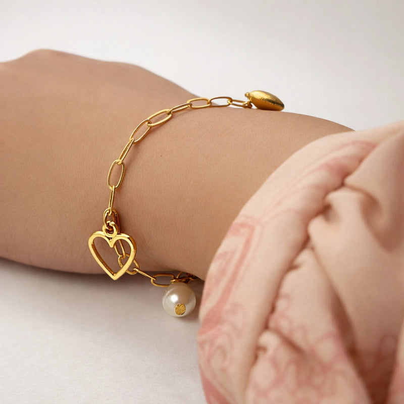 Golden Heart Pearl Charm Bracelet for women | Kishori anti-tarnish bracelet