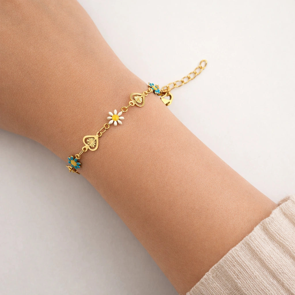 Colorful Daisy Heart Charm Bracelet