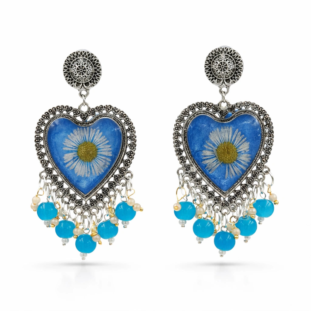 Blue Daisy Heart Resin Earrings
