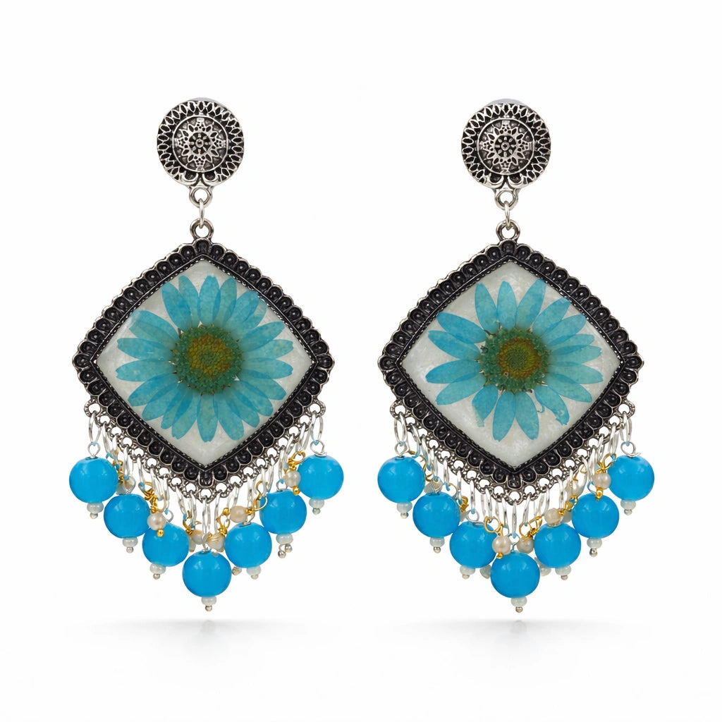Aqua Bloom Square Resin Jhumkas