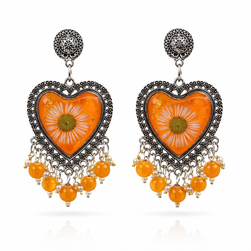 Golden Daisy Heart Resin Jhumkas for women | Kishori anti-tarnish jhumka earrings