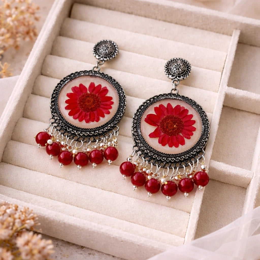 Crimson Bloom Resin Jhumkas ❤️